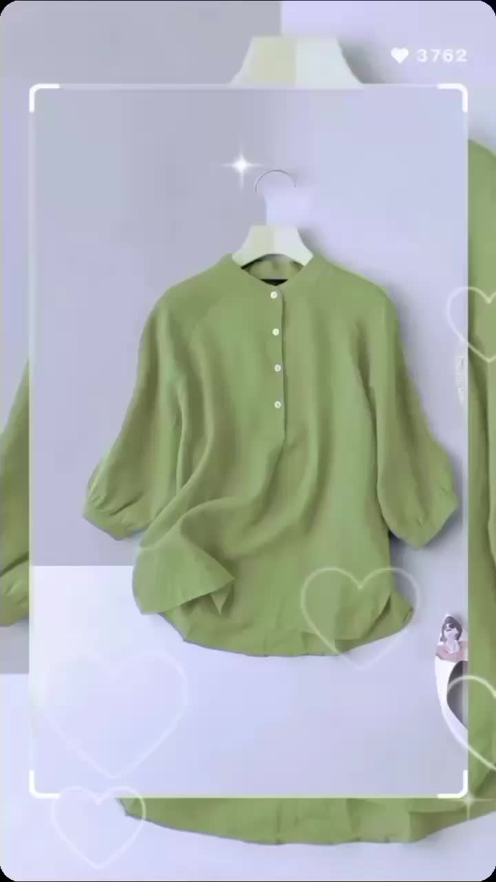 Atasan wanita kekinian Baju Wanita Kancing Nyaman Biru Panjang Kerah Sanghai Atasan Polos - Airflow, Tangan