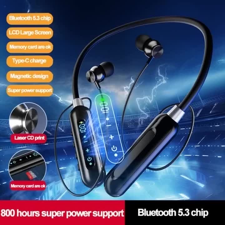 Earbuds Kartu penyimpanan memori dukungan, telinga headset Bluetooth ,  earphones telinga tanpa kabel frekuensi rendah, leher olahraga stereo menggantung telinga headphones dengan mikrofon Wireless Bass Led Ponsel