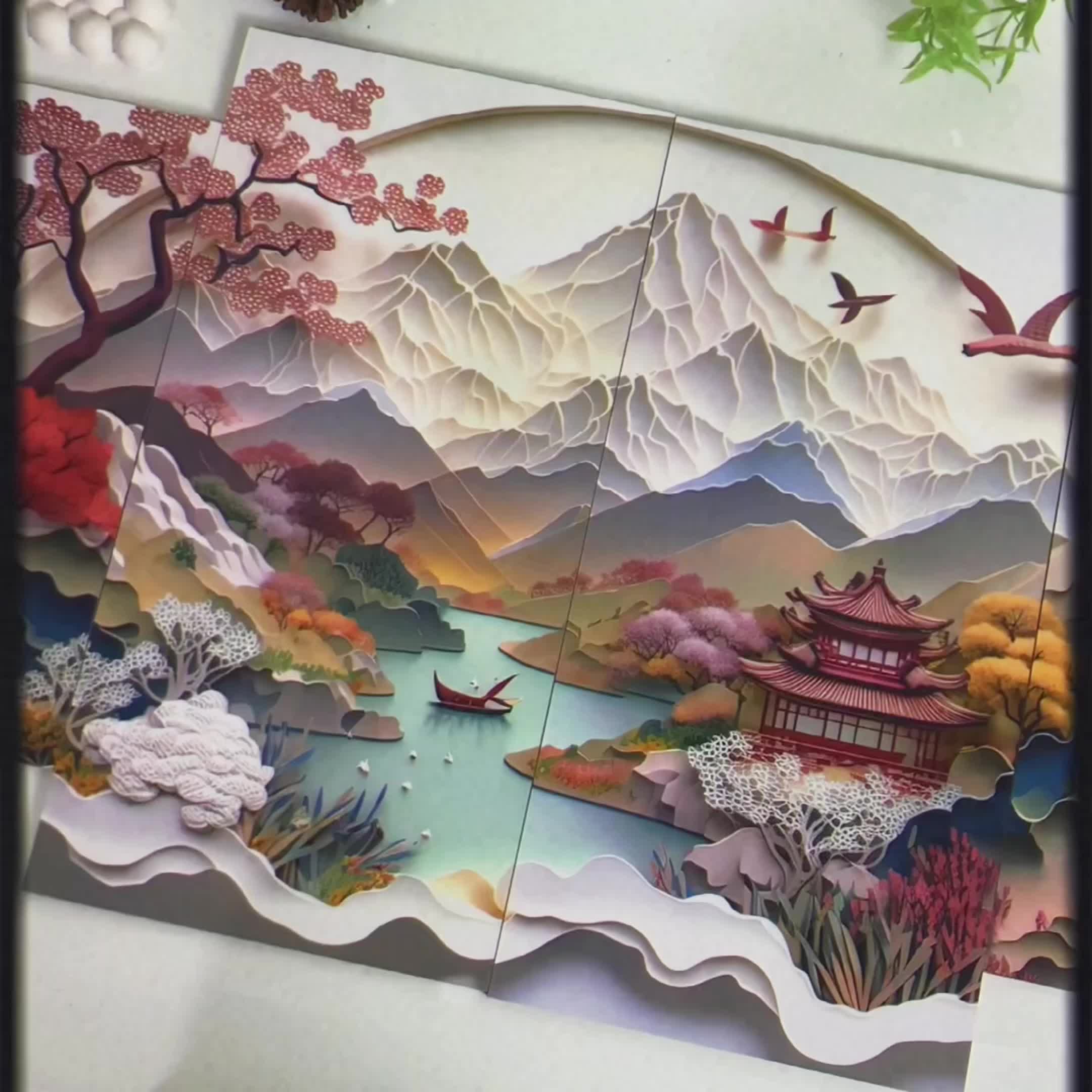 HIASAN DINDING 4 IN 1 SET CHINA TOWN PAPPERART WALLDECOR  ABSTRAK PAINTING PAJANGAN POSTER KAYU AESTHETIC 3D TEMPEL KAMAR COWOK GEN Z JUMBO