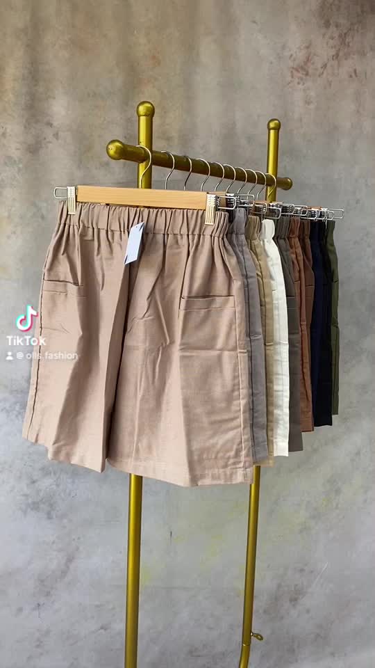 Celana Pendek Wanita Hana Linen Ukuran M-L-XL dengan Variasi Kantong Depan dan Pinggang Elastis - Shorts, Kulot Casual - Santai, Katun Crinkle