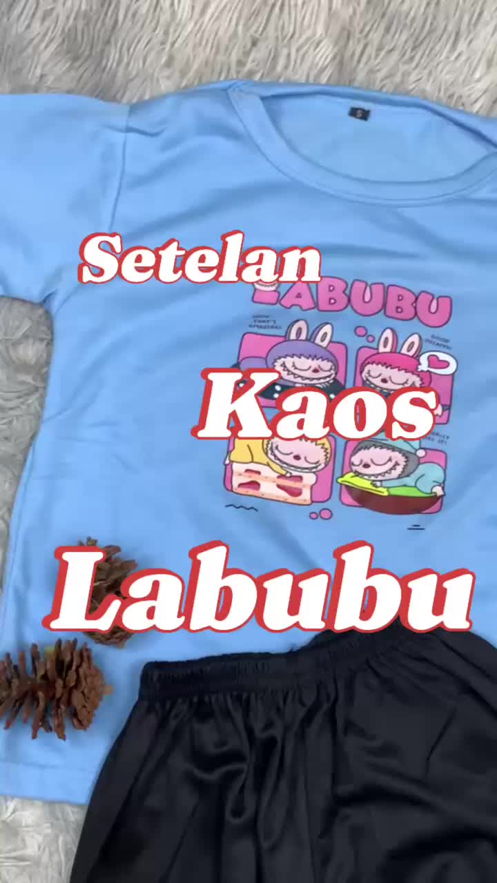 Setelan Baju Anak UNISEX Kaos dan Celana Jogger / Pendek Fashion - Pakaian Anak Perempuan dan Laki Laki Ukuran S-XL - Motif SLEEPINGBU  Labubu Putih