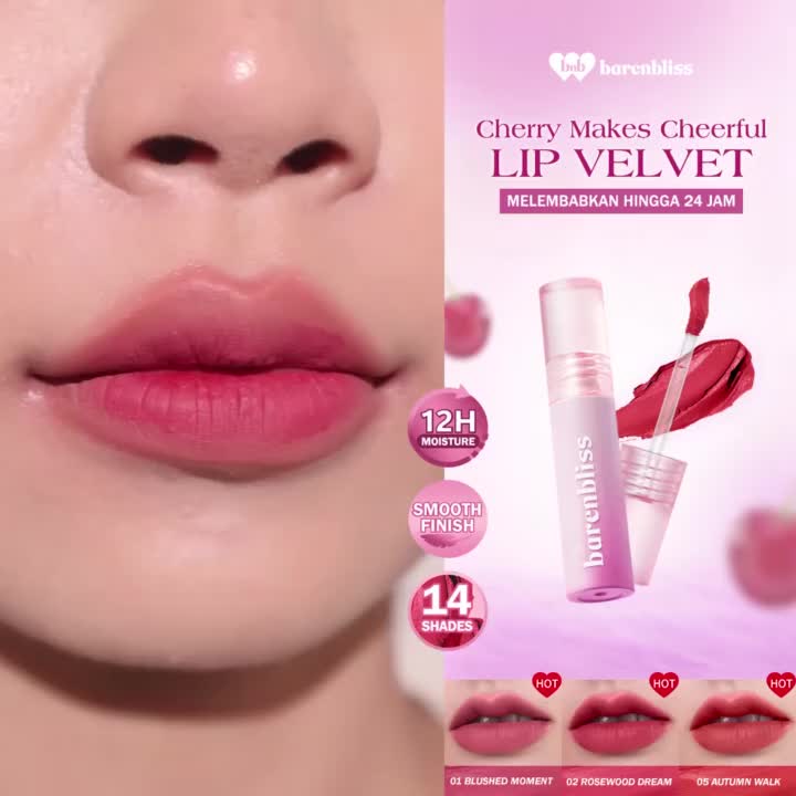【BEST SELLING】BNB barenbliss Cherry Makes Cheerful Lip Velvet korea Lipcream | Lipcream Hasil Akhir Velvet, Untuk Melembabkan Bibir, Terhidrasi hingga tahan 24 Jam