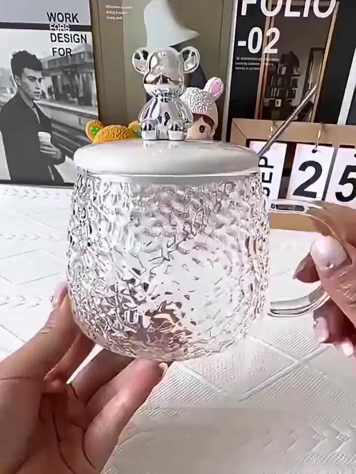 [ MUGBER ] MUG GELAS BEAR BERUANG Aesthetic Kaca Sendok Souvenir Murah Boneka Diamond Cangkir Crystal Mewah Kopi Teh Minum Air Botol