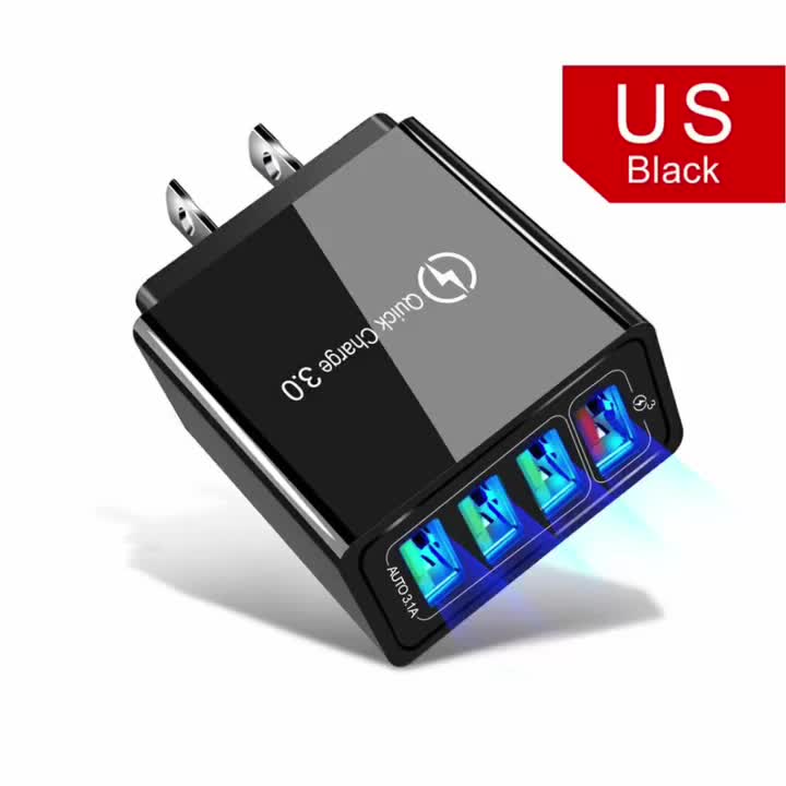 Colokan pengisi daya ponsel 4USB berwarna-warni, kepala pengisi daya gaya Eropa abu-abu/hitam opsional Telepon