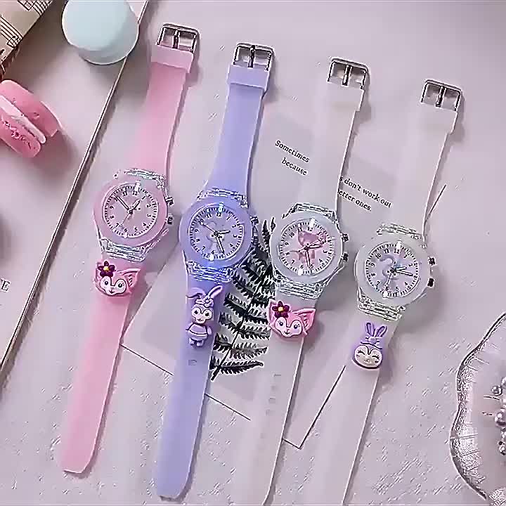 2PCS Jam Tangan Kuarsa Anak-Anak Jam Tangan Tali Karet Silikon Dial Bulat Menyala Unicorn Fashion Dengan Gelang Manik-Manik (Tanpa Kotak)