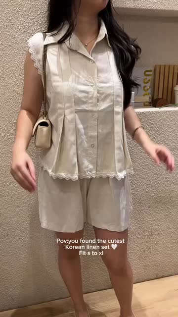 Korean Set Lace Vest Linen Beige Cream Wanita Atasan Blouse Kutung Cotton Linen  Kemeja  Katun Linen Wanita Tanpa Lengan Setelan  Casual Kemeja Celana Pendek