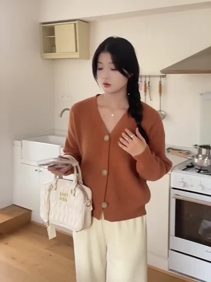 sweter lengan panjang antik Sweater Rajut Lengan Panjang V-neck Wanita Gaya Korea Knitwear Kerah Atasan Biru Baju Kardigan Cardigan Sweatshirt Retro Vintage Outer Oversize Crop Pendek Top