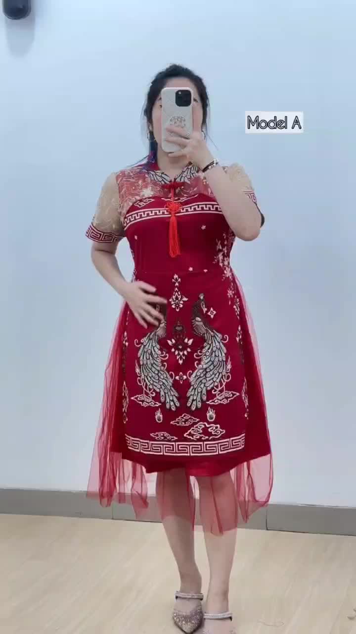 6288 Ailee Combi Brukat Katun Midi Dress Wanita Gaun Cheongsam CNY