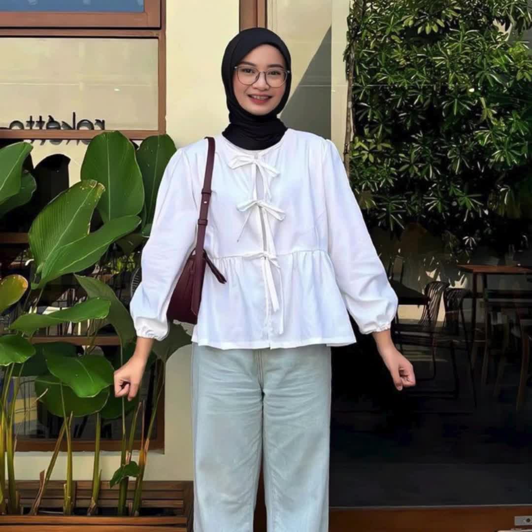 ELEA BLOUSE OUTER TALI BLOUSE LENGAN PANJANG RIBBON TOP KOREAN BLOUSE - PUTIH LM22