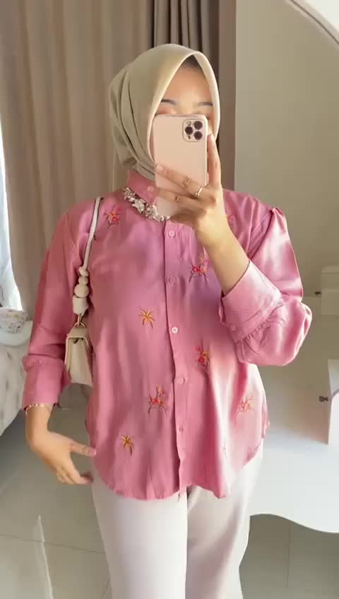 Baju Atasan Wanita DEVINA Bordir Rayon Twill Panjang Full Kancing Aktif - Kerah