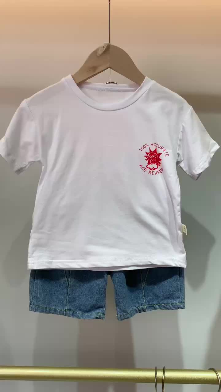 Pakaian anak-anak pakaian anak usia 0-4 tahun Kaos Sablon Karakter Kartun Lengan Pendek Celana pendek denim Anak laki-laki musim panas yang tampan, penjualan panas baru, setelan dua potong