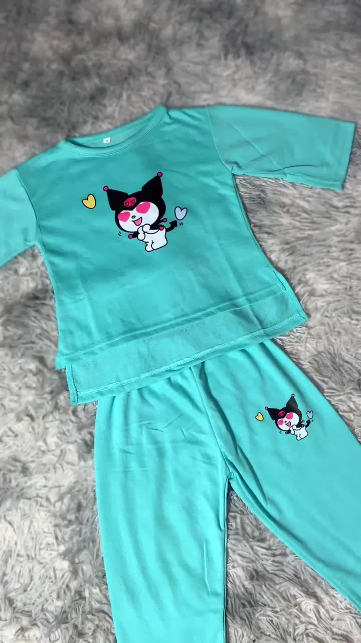 Setelan Anak Perempuan Belah KUROLOVE - Baju Kaos dan Celana Panjang cewek Fashion Motif Pakaian Terbaru Usia 4-13 Tahun