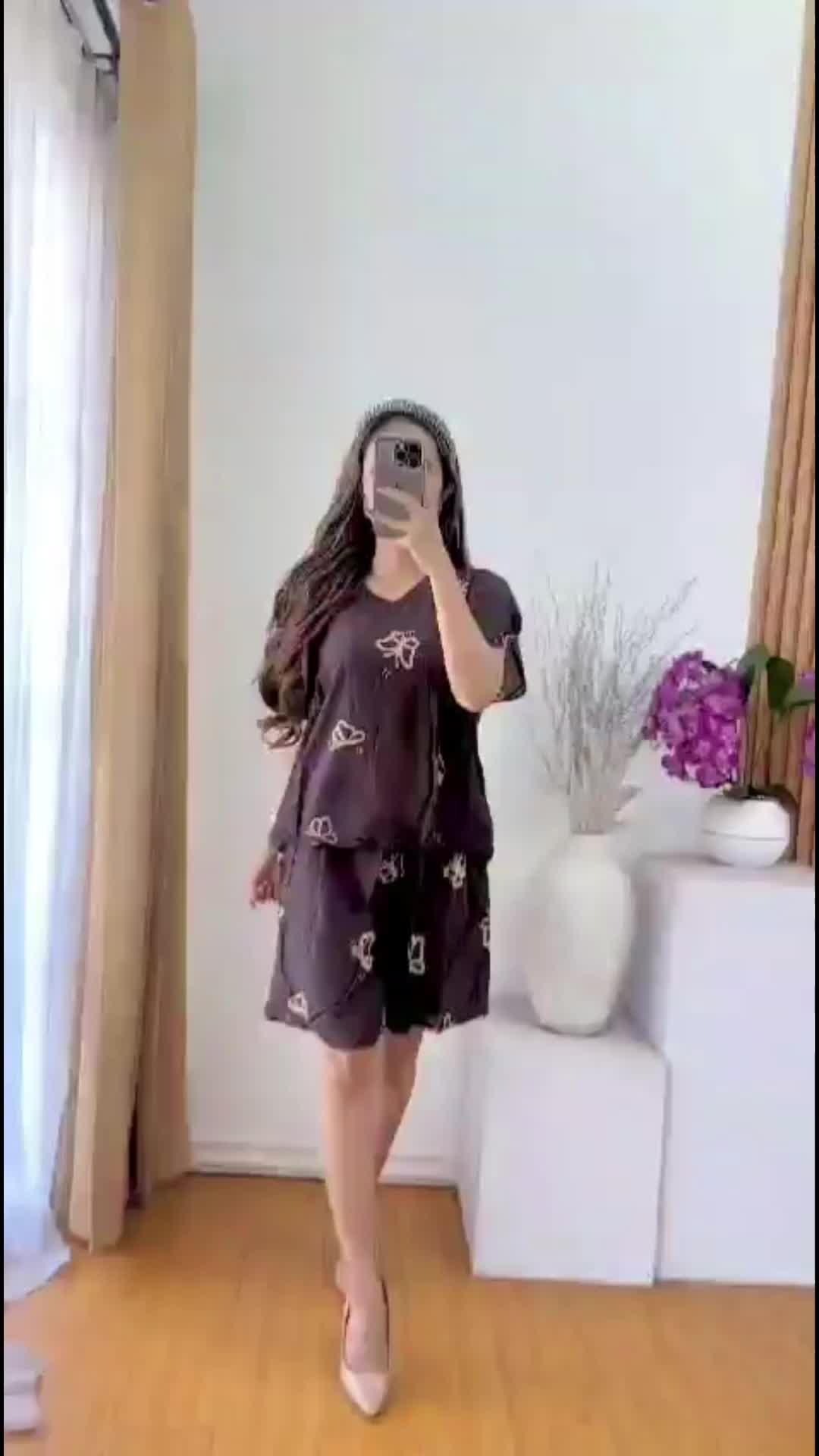 Setelan Pendek Motif Kupu-kupu Baju Tidur Baju Santai Atasan dan Bawahan - Bahan Rayon Tebal Daster Celana Wanita Busui Bali