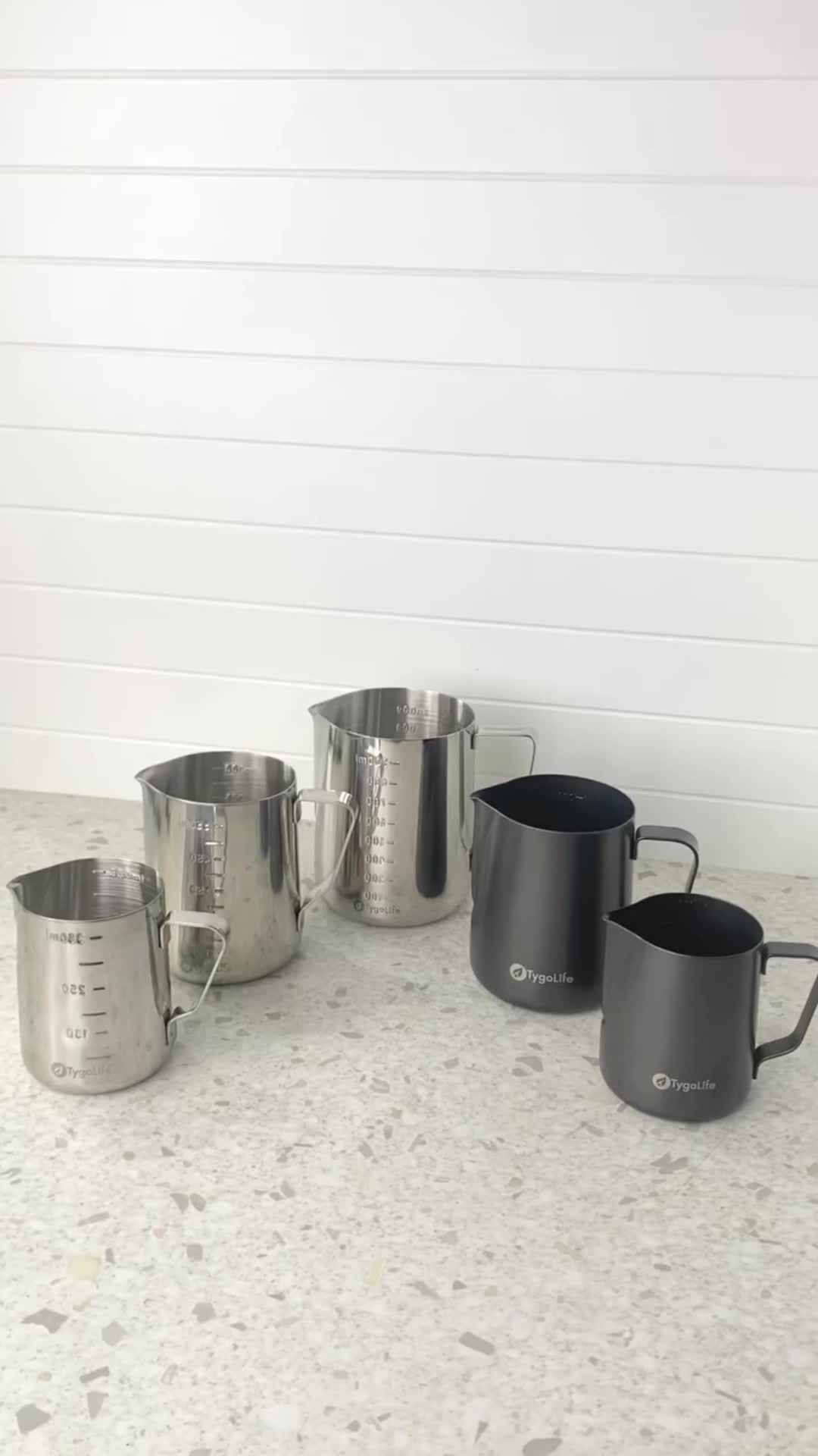 TYGO MILK JUG EMBOS SCALE BARISTA LATTE ART 350ML 600ML 1000ML SILVER BLACK TITANIUM/STAINLESS