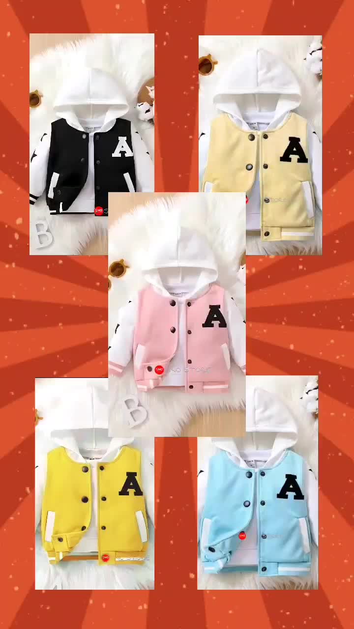 Jaket Varsity Anak Inisial A (Bisa Custom inisial) Unisex Laki-Laki Perempuan Usia 1-18 Tahun Kuning Hitam BabyBlue Pink Hijau Botol Lavender Cream Abu Tua Putih Merah Denim Biru
