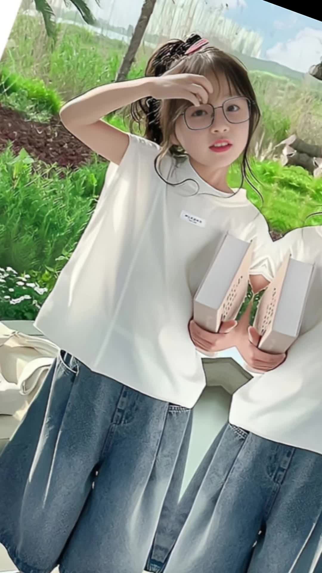 Fashion Setelan Celana Jeans Korean Style Setelan Putih Lengan Pendek+ Celana Jeans Panjang Baju Anak Perempuan