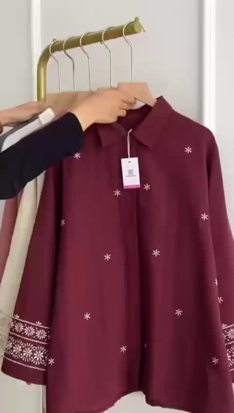 Aqiraa - Kemeja Linen Bordir Oversize - Blouse Wanita Bordir Lengan Panjang - Atasan Wanita Casual Baju Kerja Basic