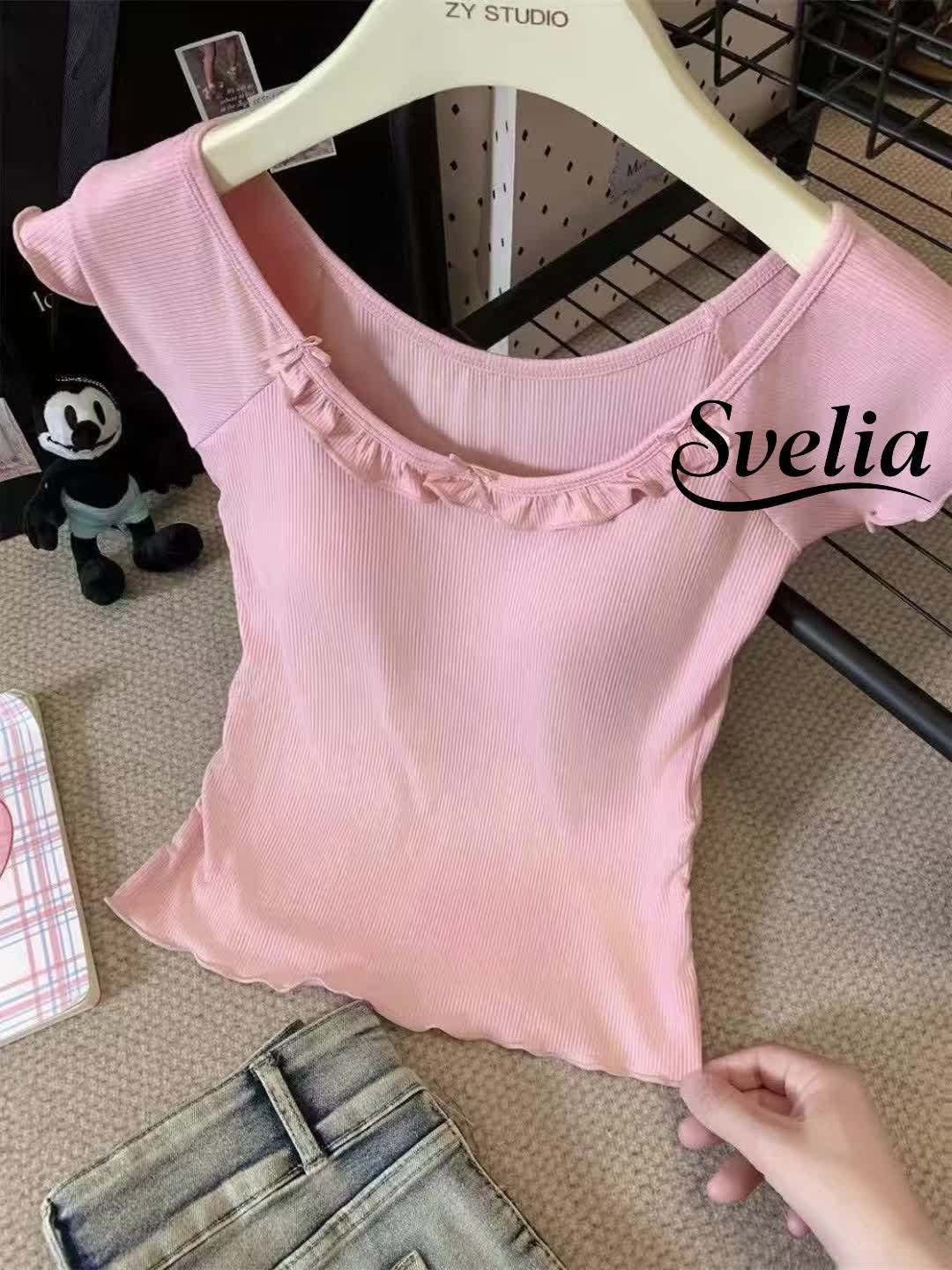 Svelia Desain busur hanya ingin lengan pendek wanita dengan bantalan payudara, daun teratai manis, pedas, blus ramping kami sol baju  binturong  wanita  Hitam Katun Top Atasan Panjang crop labrak import