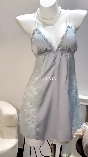 LUCKYMM 126 DRESS - Sleepwear Babydoll Mini Dress Satin Silk Nightwear / Baju Tidur Pad Bra Elegant