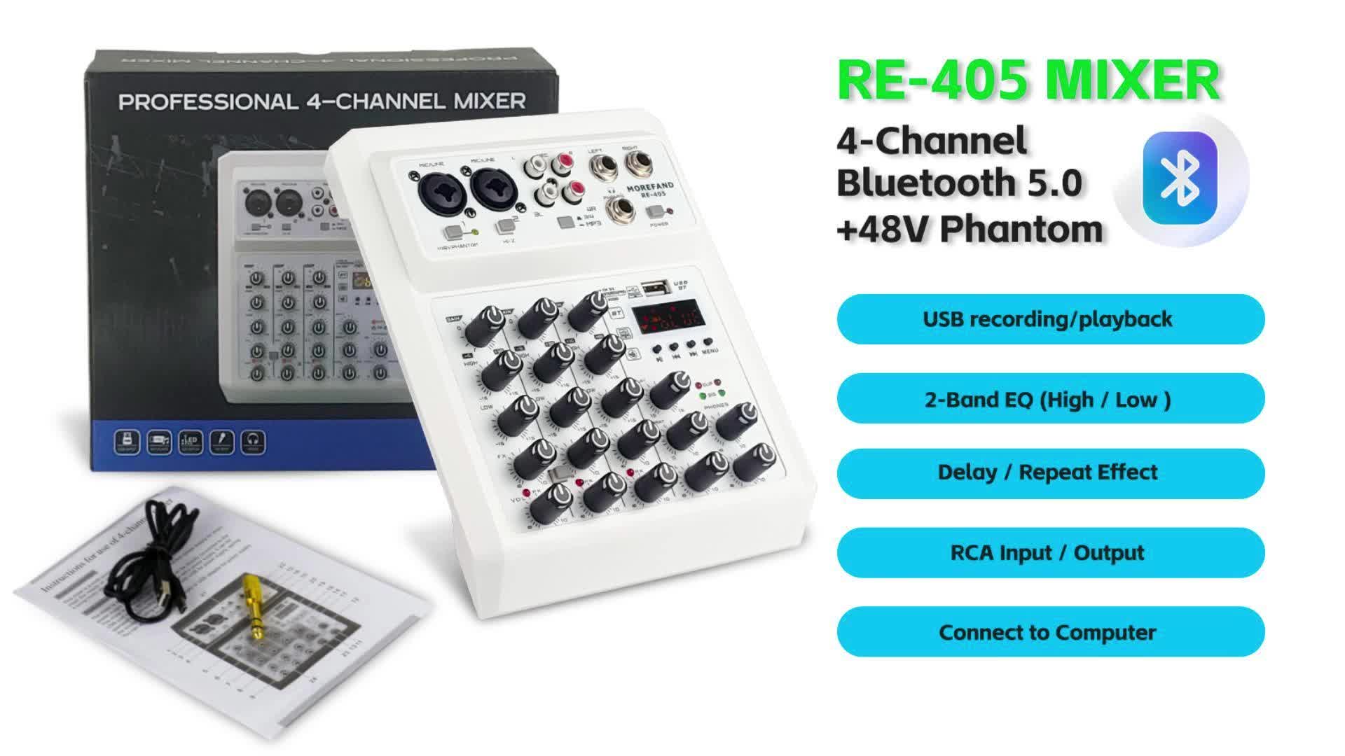 MOREFAND RE 405 Mixer profesional 4 saluran, Bluetooth, 2 band EQ, efek delay dan reverb campuran, + PSU 48V, Mixer amplifier output stereo PC / headphone audio mini