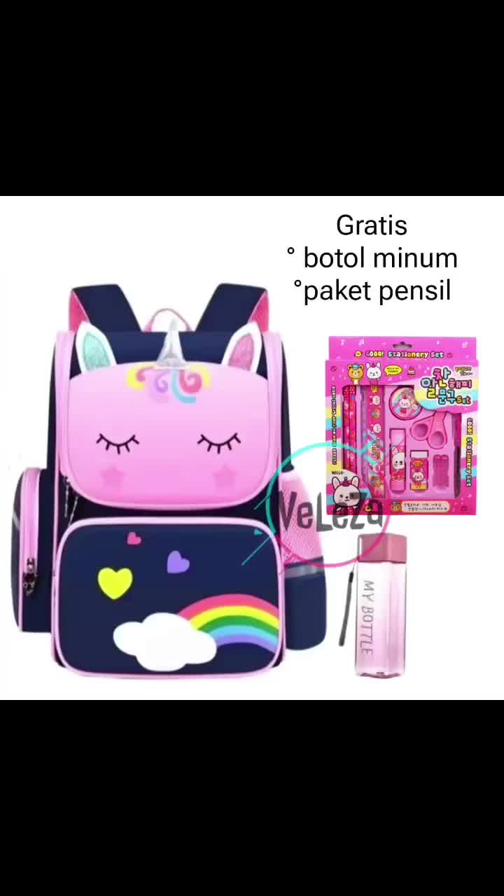 Tas ransel  backpack anak perempuan unicorn gratis botol minum paket pensil tas sekolah anak TK SD tas anak