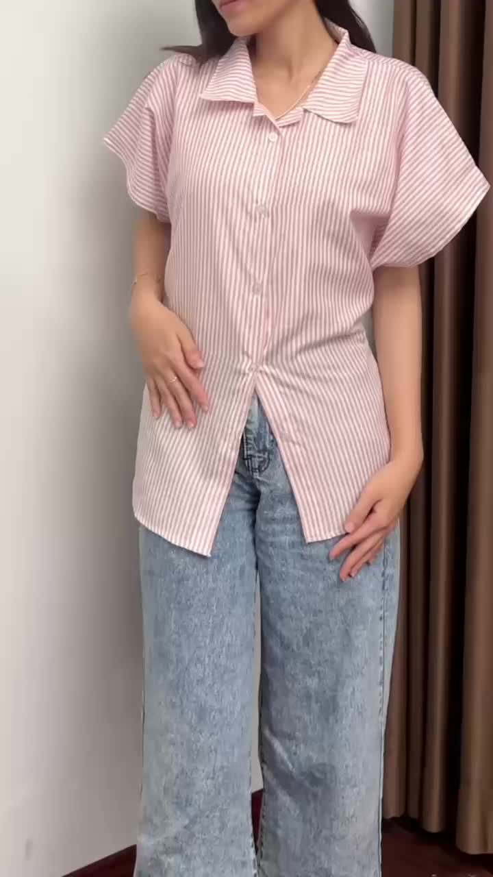 Neva Style - Aurora Shirt Kemeja Atasan Wanita / Stripe Lengan Pendek Tali Pinggang Fashion Stripe / Top Korean Style Atasan Wanita Slim Fit