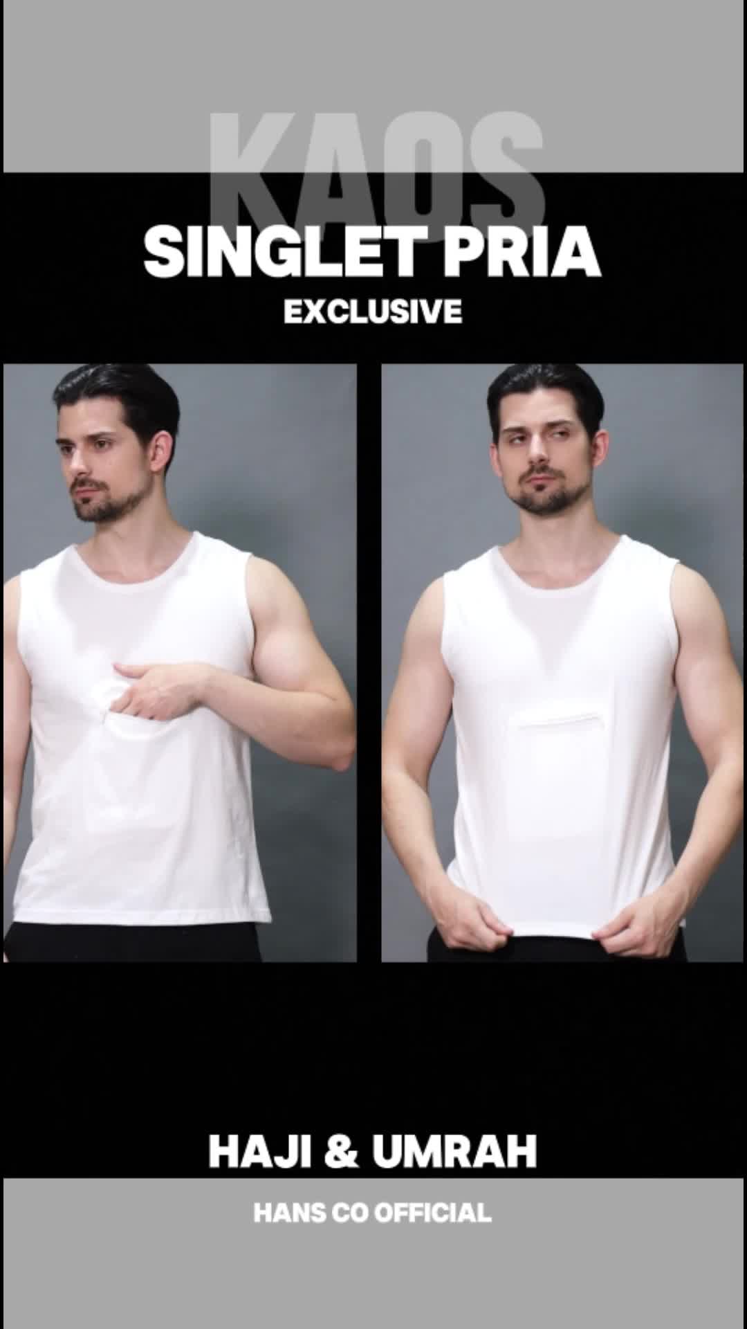 Kaos Singlet Umroh Pria Berkantong Depan Bahan Cardet Exclusive Perlengkapan Umroh Haji | Hansco
