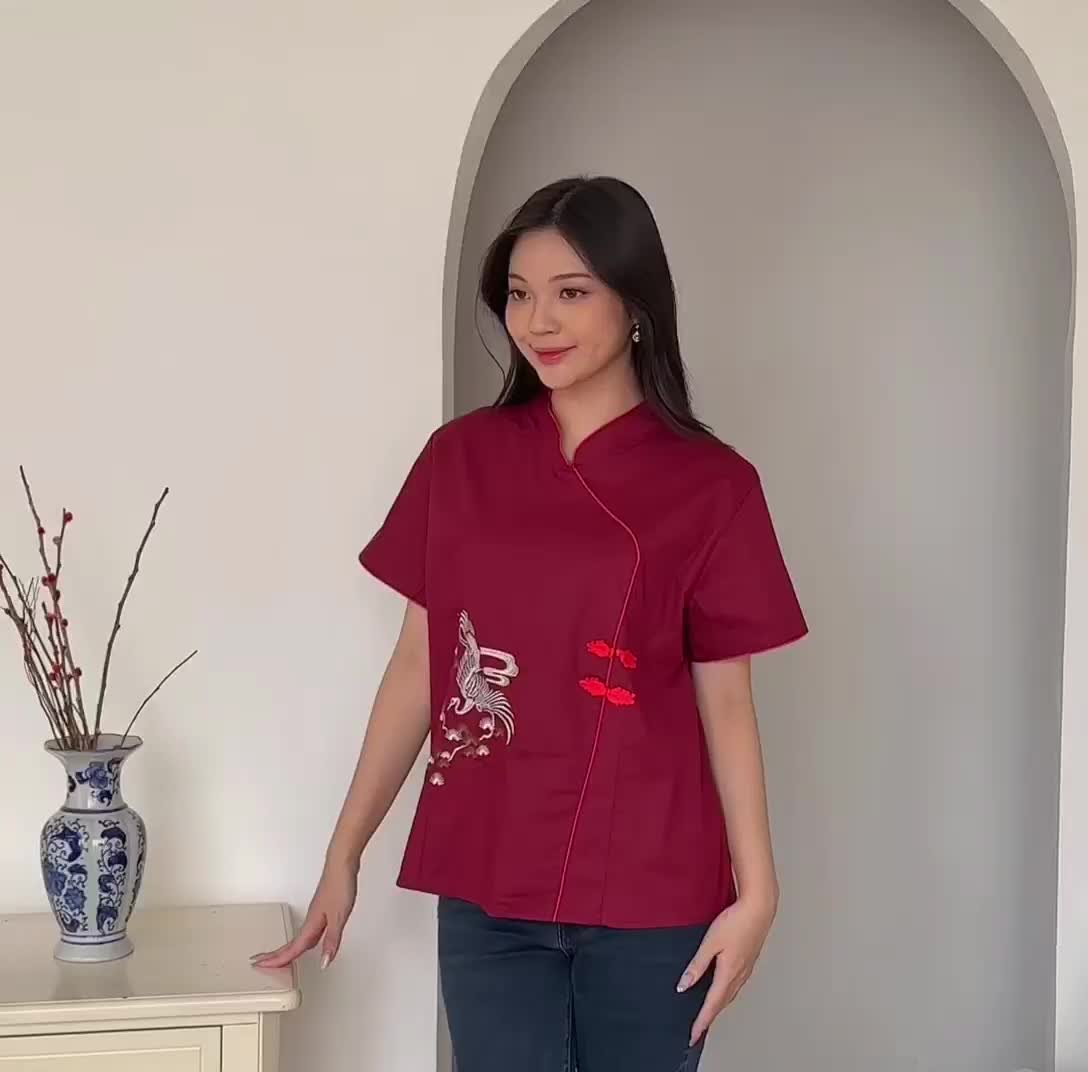 NIAO CHEONGSAM  - TOP  BLOUSE ATASAN WANITA BAJU IMLEK BORDIR BURUNG KATUN IMPORT CASUAL BASIC  Stretch