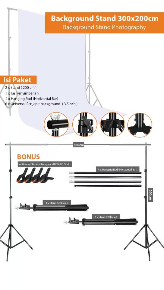 Background Stand Portable Midio 3M + Tas & 3 Penjepit 3.5 inch untuk Studio Foto & Backdrop