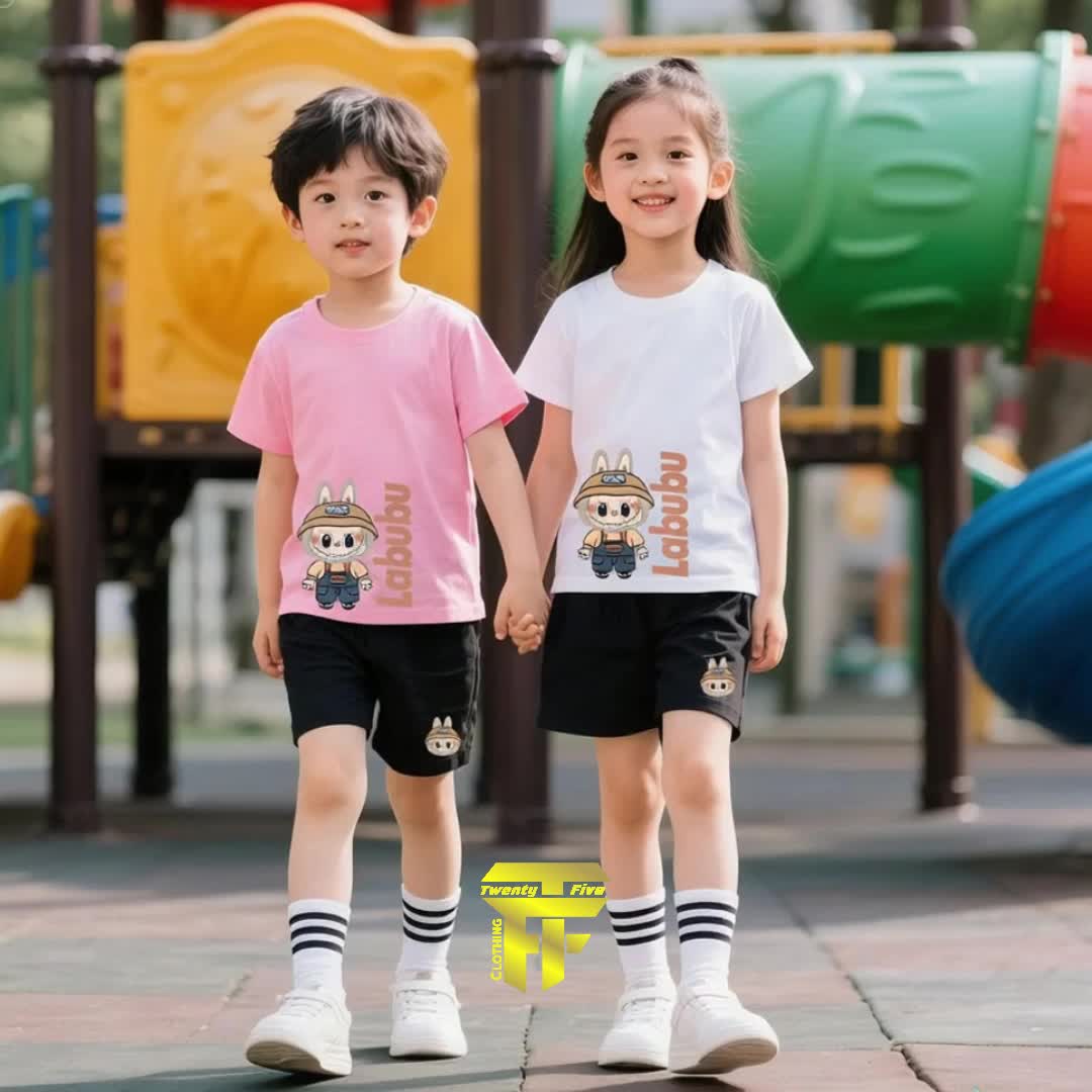 Labubu Setelan Celana Pendek Anak Laki-Laki & Kaos Perempuan Bahan Babyterry Double Stick Pundak Print DTF Fashion Baju Usia 5-15 Tahun