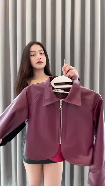 Riseleather Jaket Kulit Crop Wanita Leather Jacket Curved Crimson