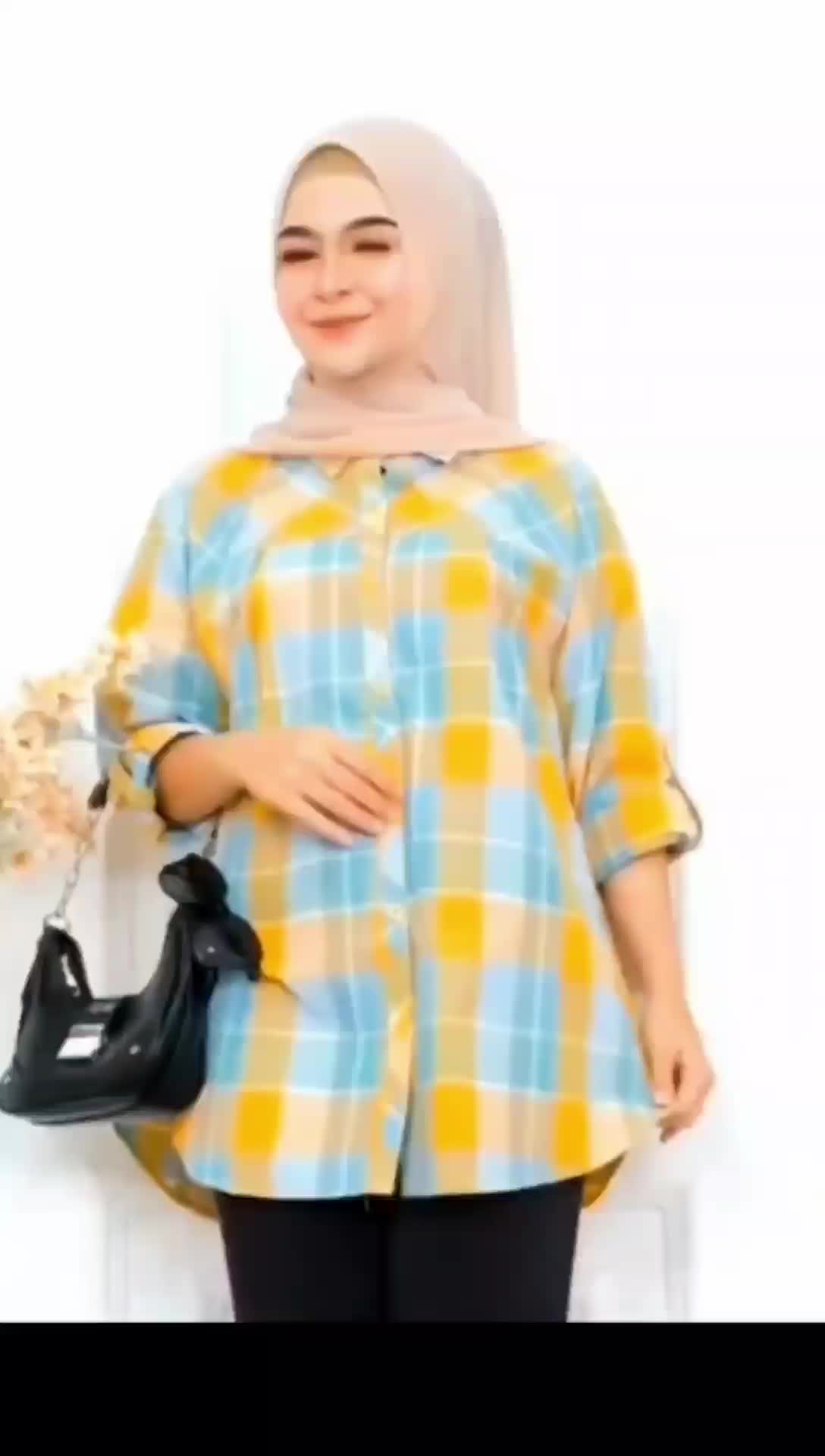 FLAFLO Blouse jumbo ld 120 motif kotak Katun Plus Size Blouses & Shirts