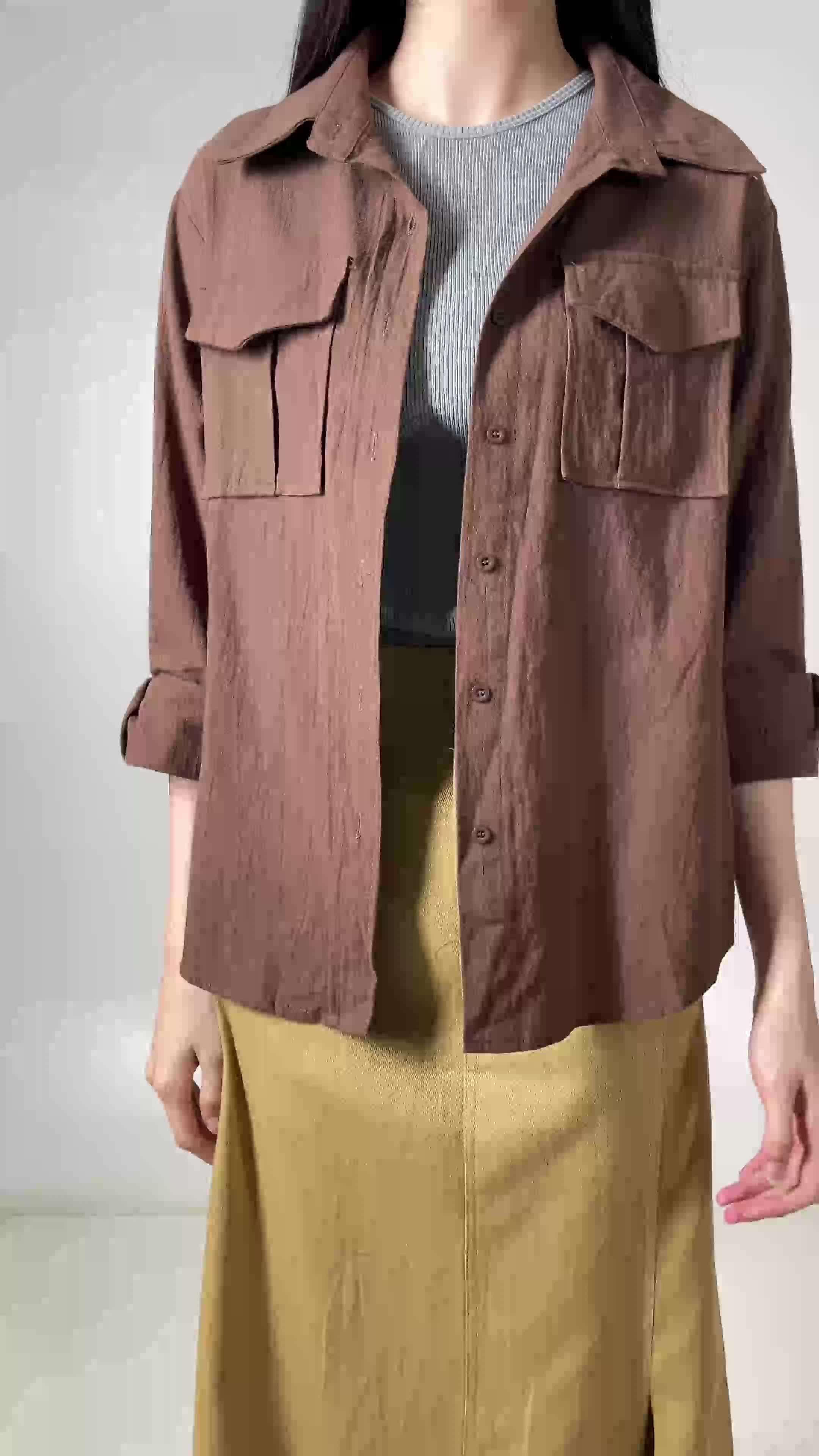 This Is April Atasan Kemeja Wanita Lengan Panjang Basic Linda Top Dark Brown dan Ivory