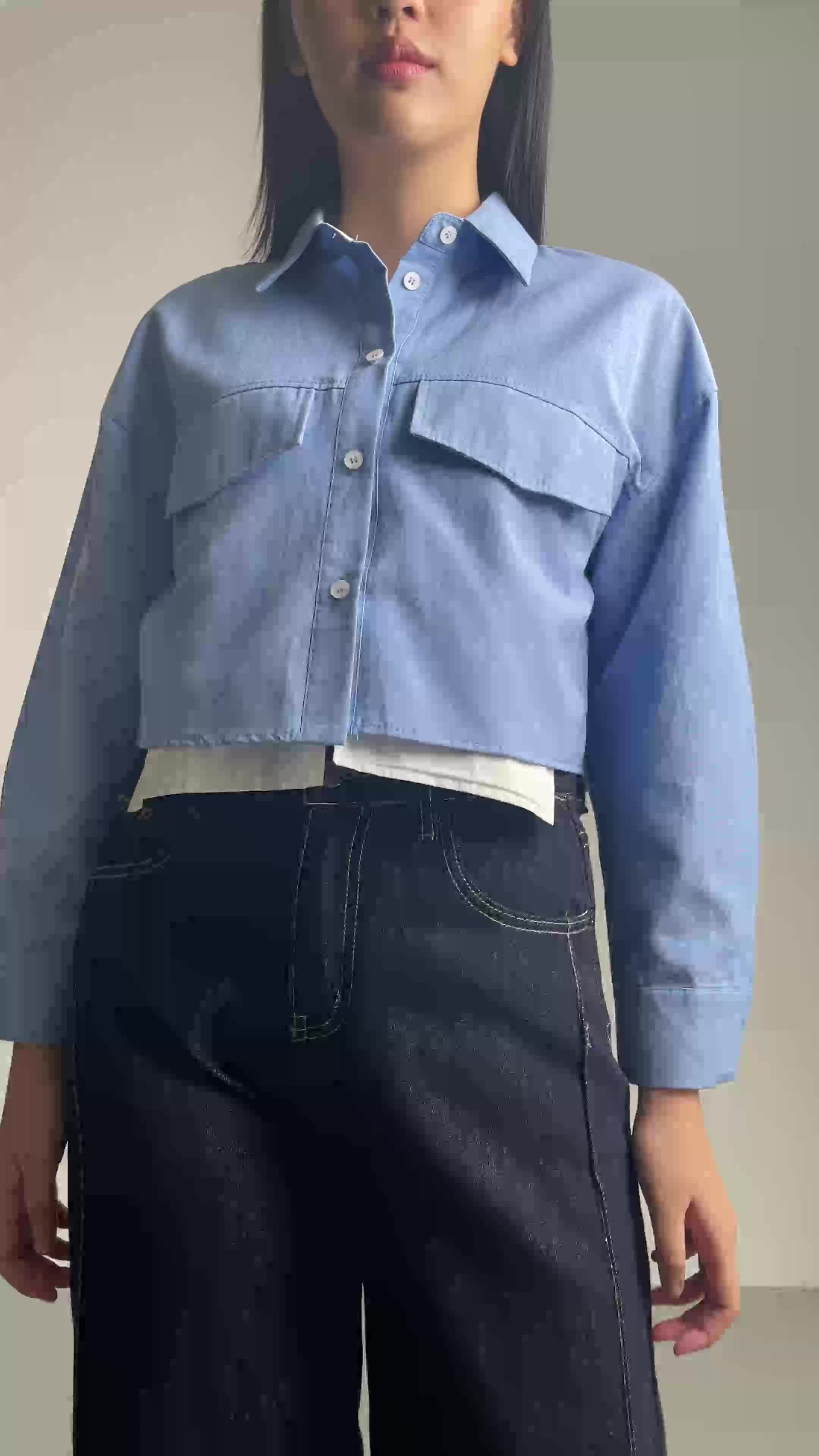 This Is April Atasan Kemeja Lengan Panjang Crop Office Look Wanita Orrine Top Blue 10031800