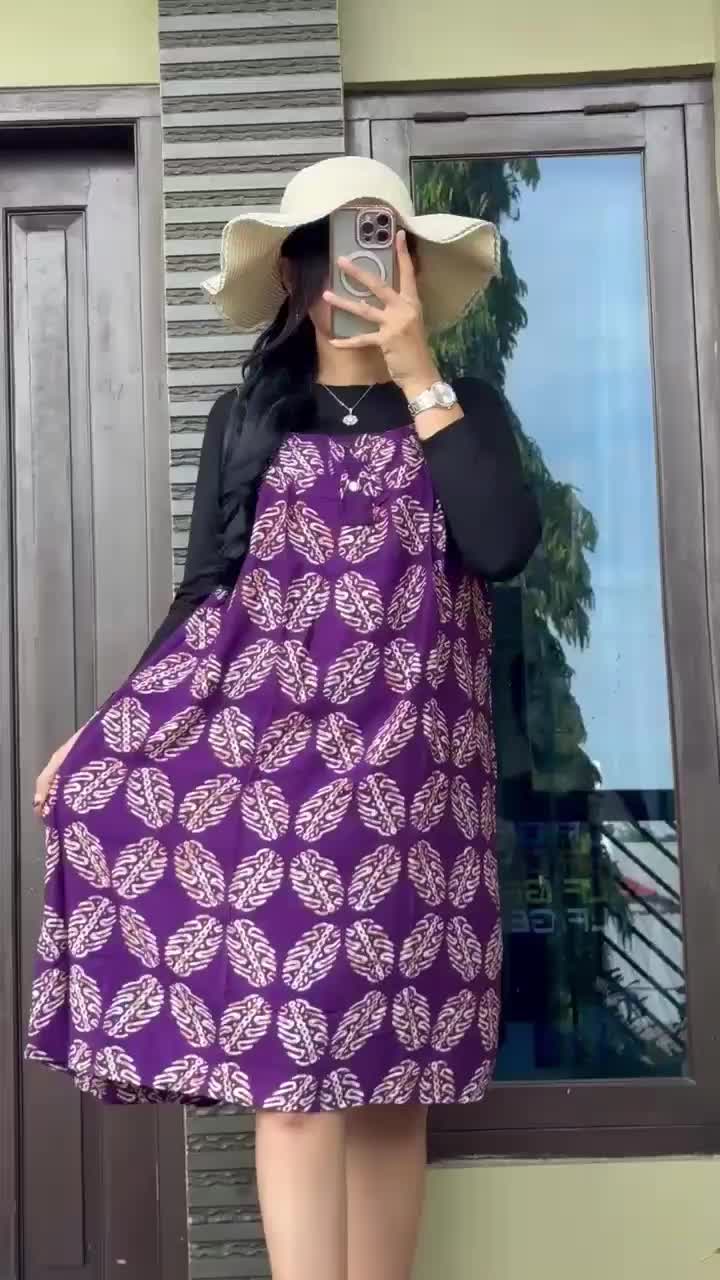 Dress Panjang Selutut Baju Tidur Bumil Busui Kain Motif Batik Yukensi Kancing Depan Ld 120