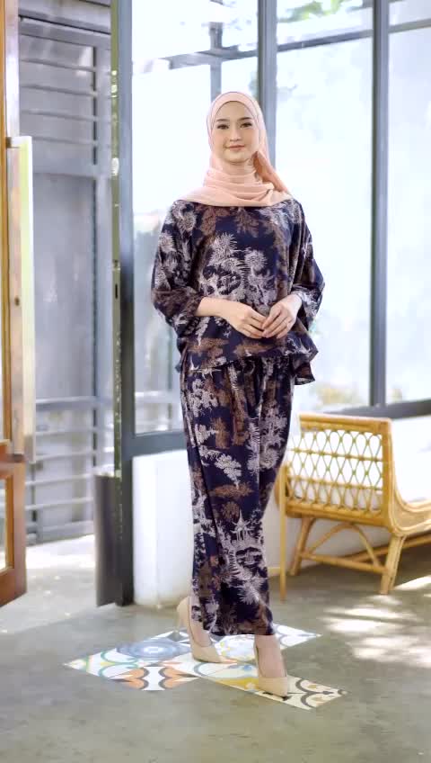 INARA oneset - Setelan Atasan dan Celana Kulot Motif Lengan 7/8, Panjang, Katun Rayon, Dewasa Wanita