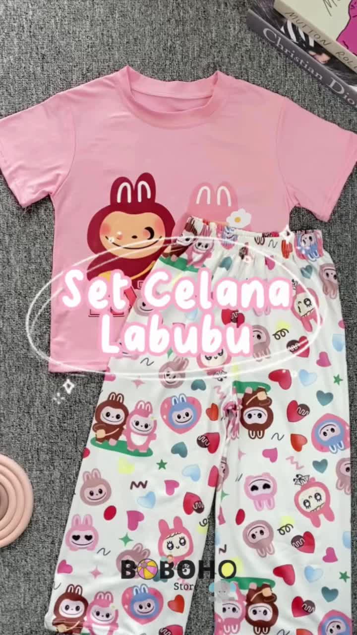 BOBOHO - Setelan Labubu Anak Perempuan / Pakaian Santai Anak Perempuan Lengan Pendek dan Celana Panjang Modis Gaya Feminim Baru
