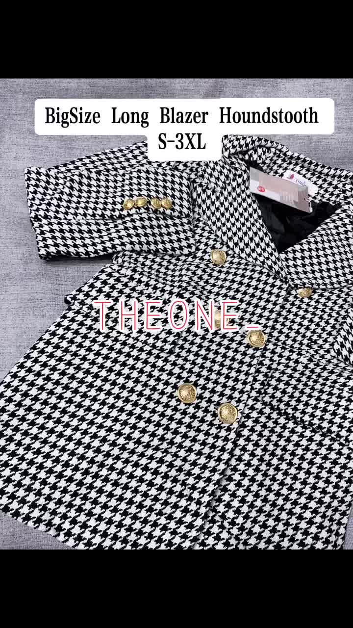 Big Size Long Blazer Houndstooth S-2XL— Long Coat Full Furing Import Outer Panjang Wanita