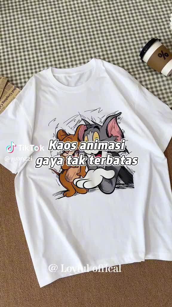 Lovful - Premium Kaos Lengan Pendek Oversize Kartun Tom and Jerry  T-shirt Atasan Baju trend crop top Korean Style N039 Wanita Cewek Motif Katun Kainlembut ideoitfit Panjang