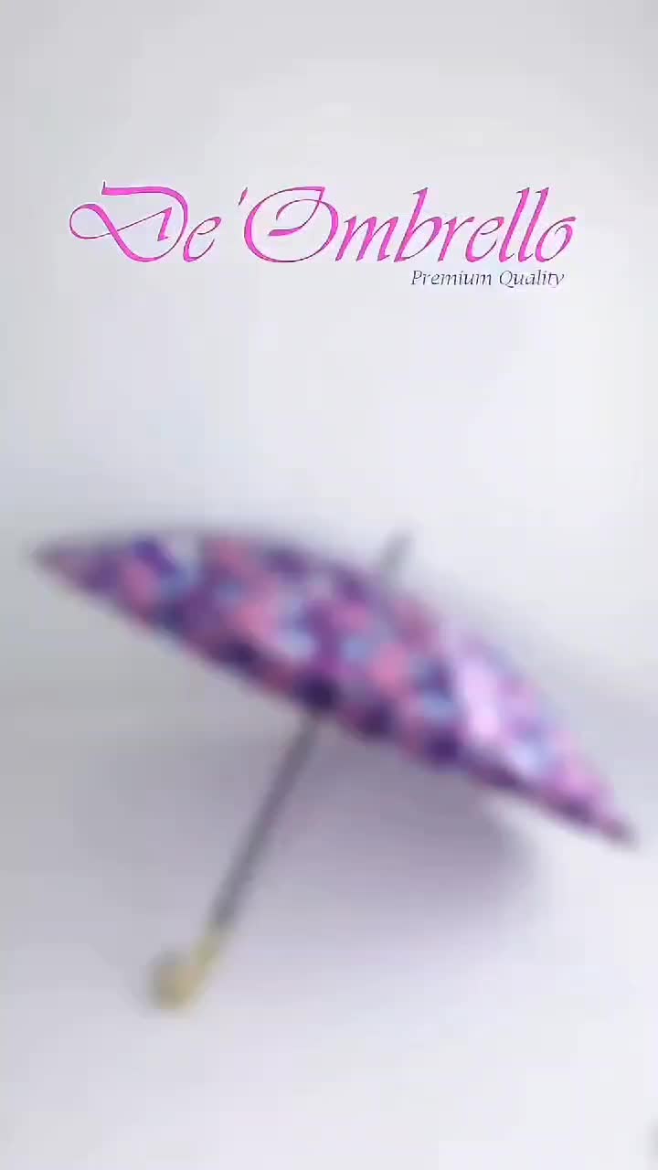 (083)Payung 12 jari bahan saten motif  kembang campur & gagang emas Premium Quality Umbrella