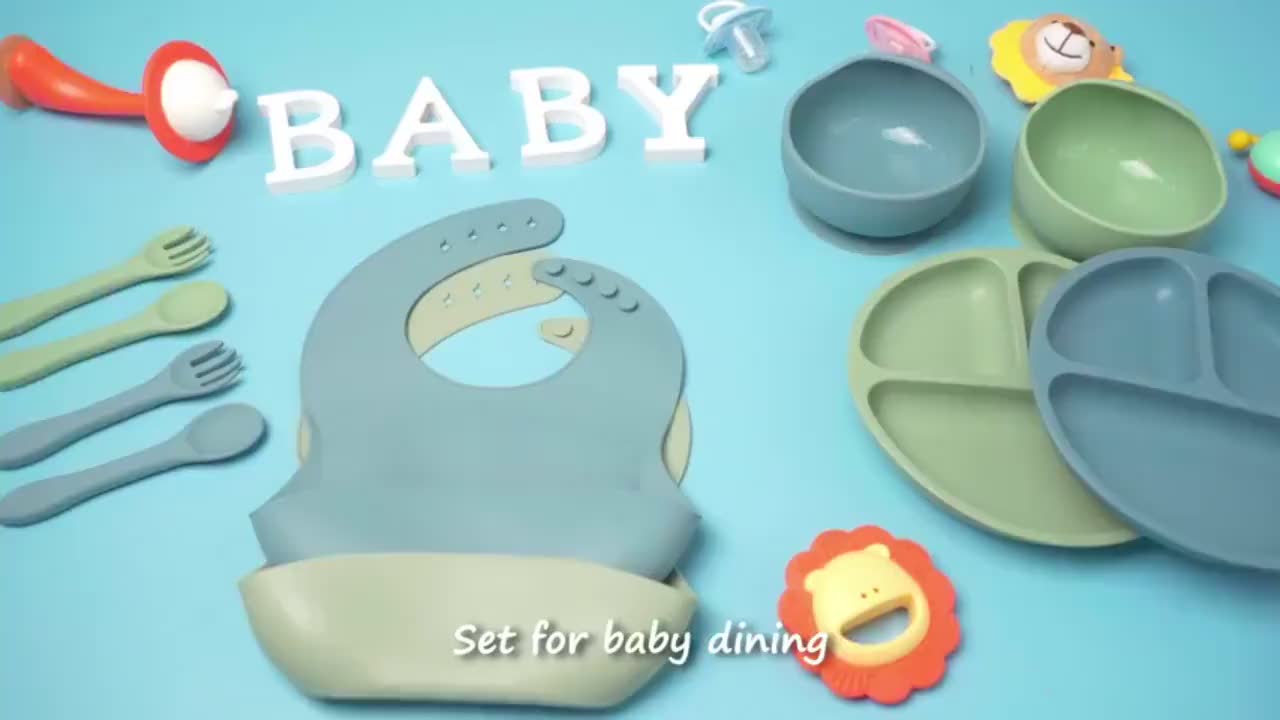 KIUMO Alat makan bayi set 5/6/8pcs anak-anak Peralatan makan silikon peralatan makan mpasi bayi set Sendok sup anak-anak Mangkuk Bayi Biru Merah Bowl Garpu Piring Celemek