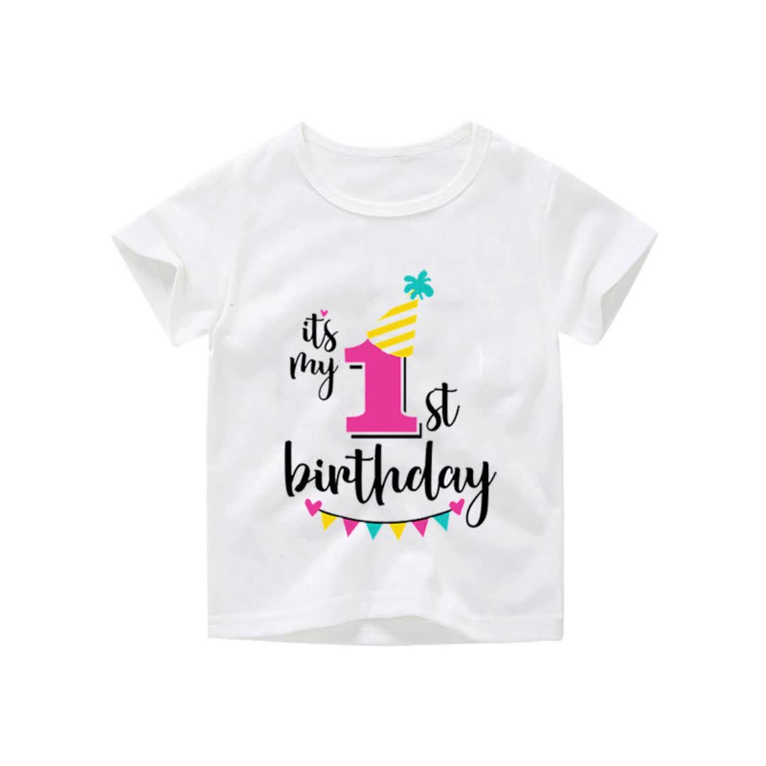 Anak-anak Ulang Tahun Kartun kaos Nomor Huruf Katun Lengan Pendek T-Shirt Putih Fashion