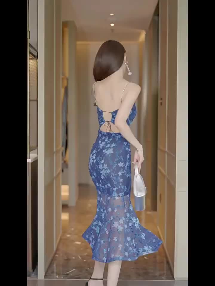 (7849) blue midi floral dress baju pantai wanita kekinian dress biru korean style party elegan gaun pesta mewah elegant korean style dress serut samping panjang Imlek Wanita XS-2XL