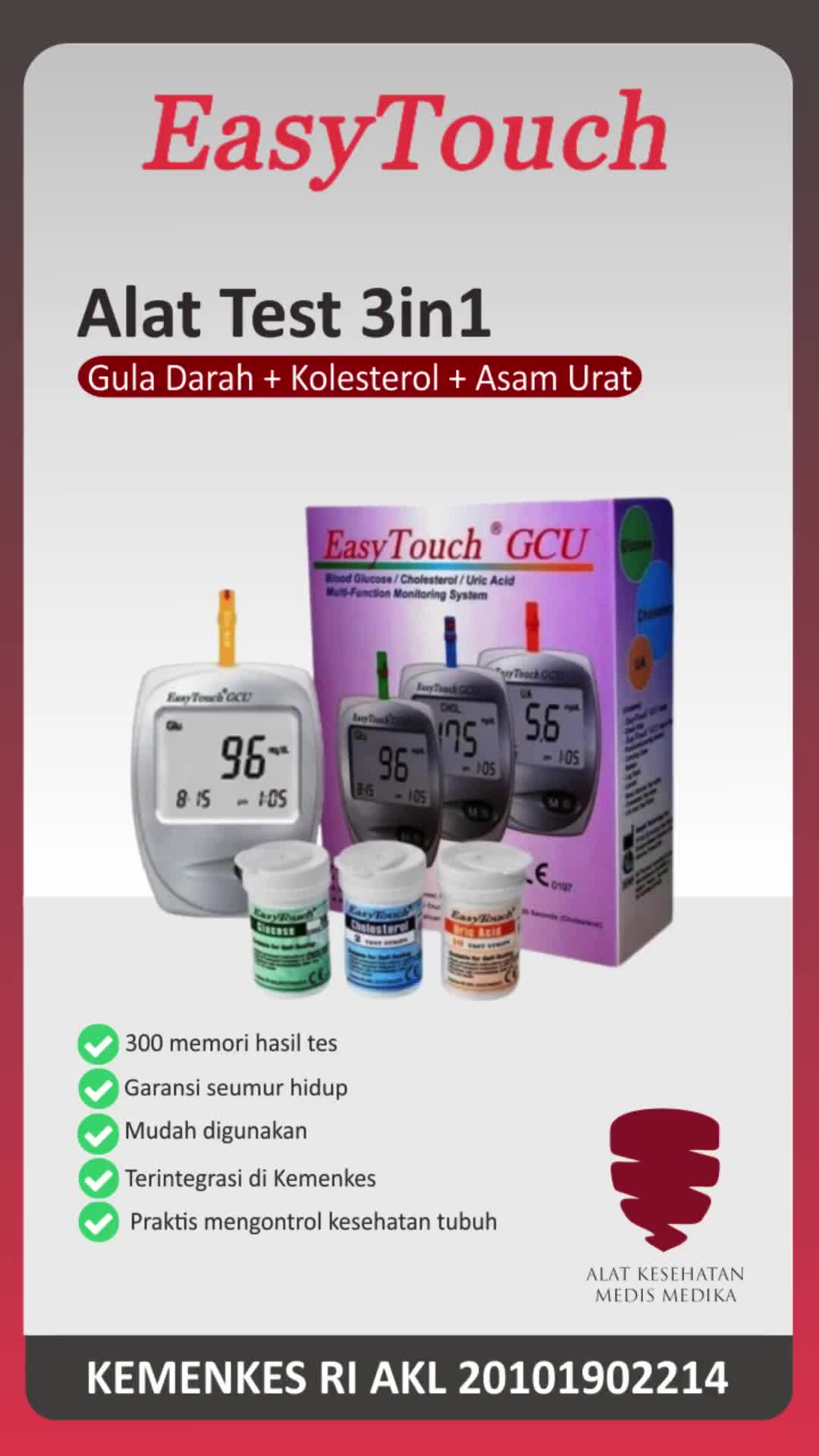 Alat Test GCU 3 in 1 Glucose Cholesterol Uric Acid 3in1 GCHb GCH Medis