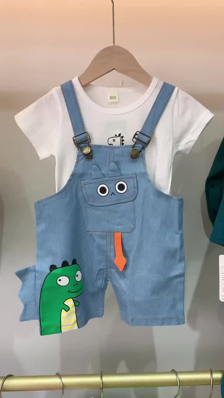 Pakaian anak-anak pakaian anak usia 0-4 tahun Kaos Lengan Pendek Warna Solid Overall bentuk dinosaurus Anak Laki-laki Musim Panas Baru Kualitas Tinggi Penjualan Panas Pakaian Bayi