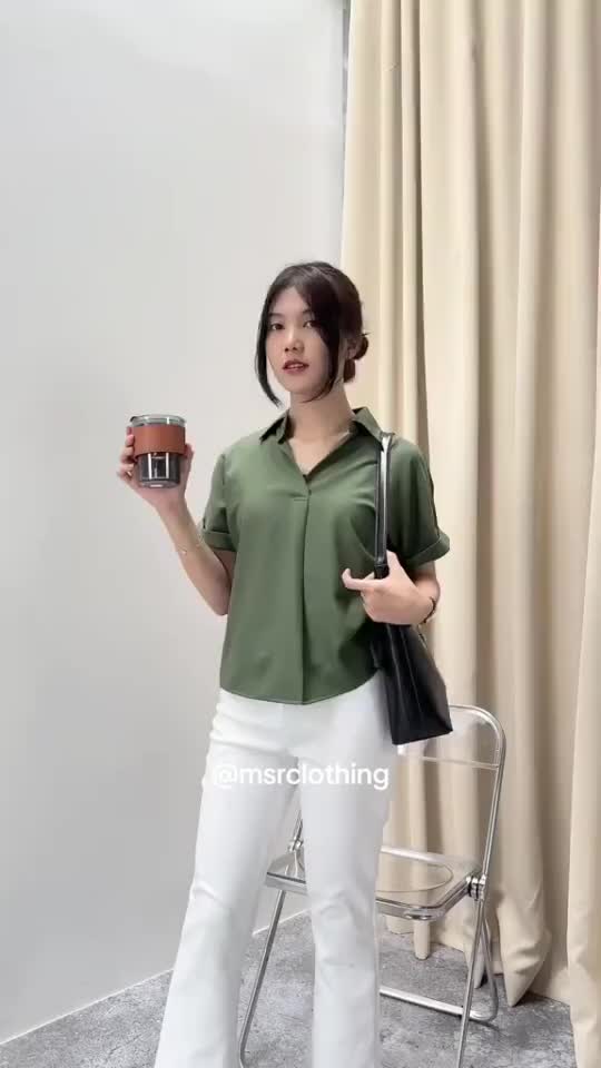Atasan Kemeja Wanita Dewasa Polos Lengan Pendek Top Korean Style Basic Shakila Twill Hitam Putih Ukuran M L XL XXL