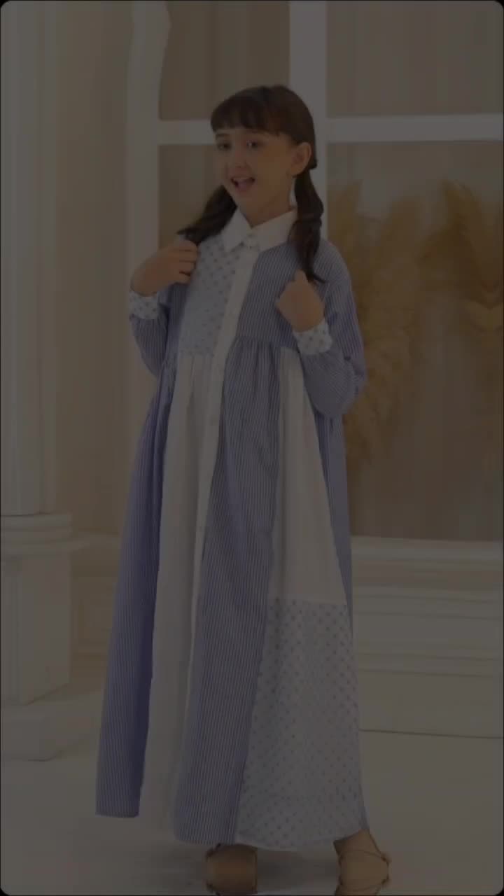 Kirana Dress Anak Taanggung Usia 4-15thn Katun Salur Mix Brukat Kancing Depan Full Aktif Warna Biru Langit & Biru, Mocca