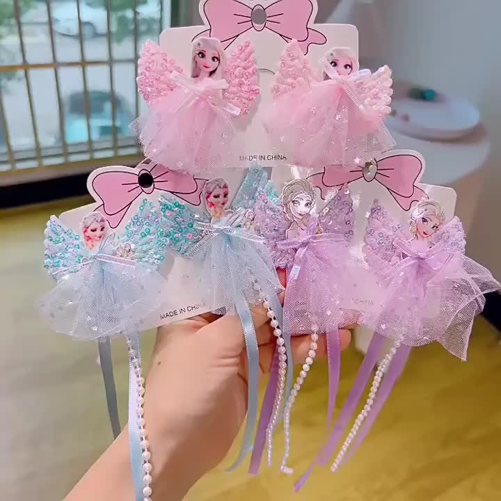 F324 Sepasang Jepit Rambut Anak Motif Sayap Elsa Pita Panjang Import