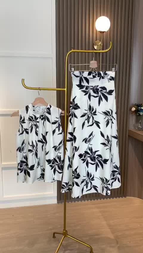 SET7271 Black Leaves Top n Long Skirt Set