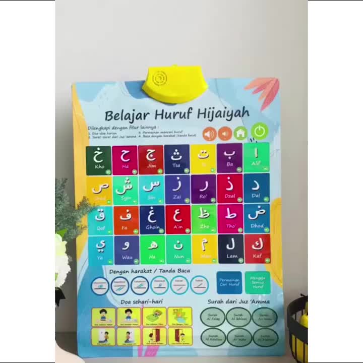 TAIYO Poster Edukasi Suara Hijaiyah Huruf Angka Hewan Buah Belajar 3 Bahasa Ngaji Bunyi Baca Anak